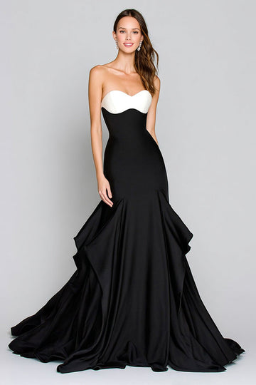 Black and White Mermaid Satin Long Formal Dress with Ruffles